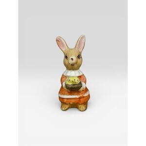 Midwest Easter Bunny Rabbit With Chicks In Basket Small Ceramic Figurine 3.25”